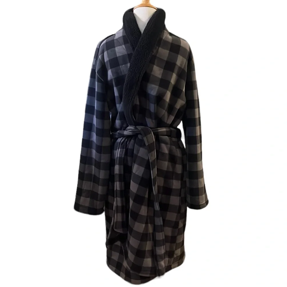 CUDDL DUDS MENS CHECKERED FLEECE ROBE BLACK GRAY SIZE SMALL MEDIUM